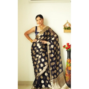Generic Women's Litchi silk Printed Saree With Unstitched Blouse (Black)