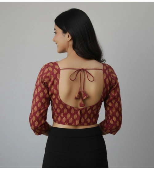 Women's Ajrakh Cotton Printed Halter Neck Padded Blouse (Maroon 38 Ready (Self Alterable 36–40)
