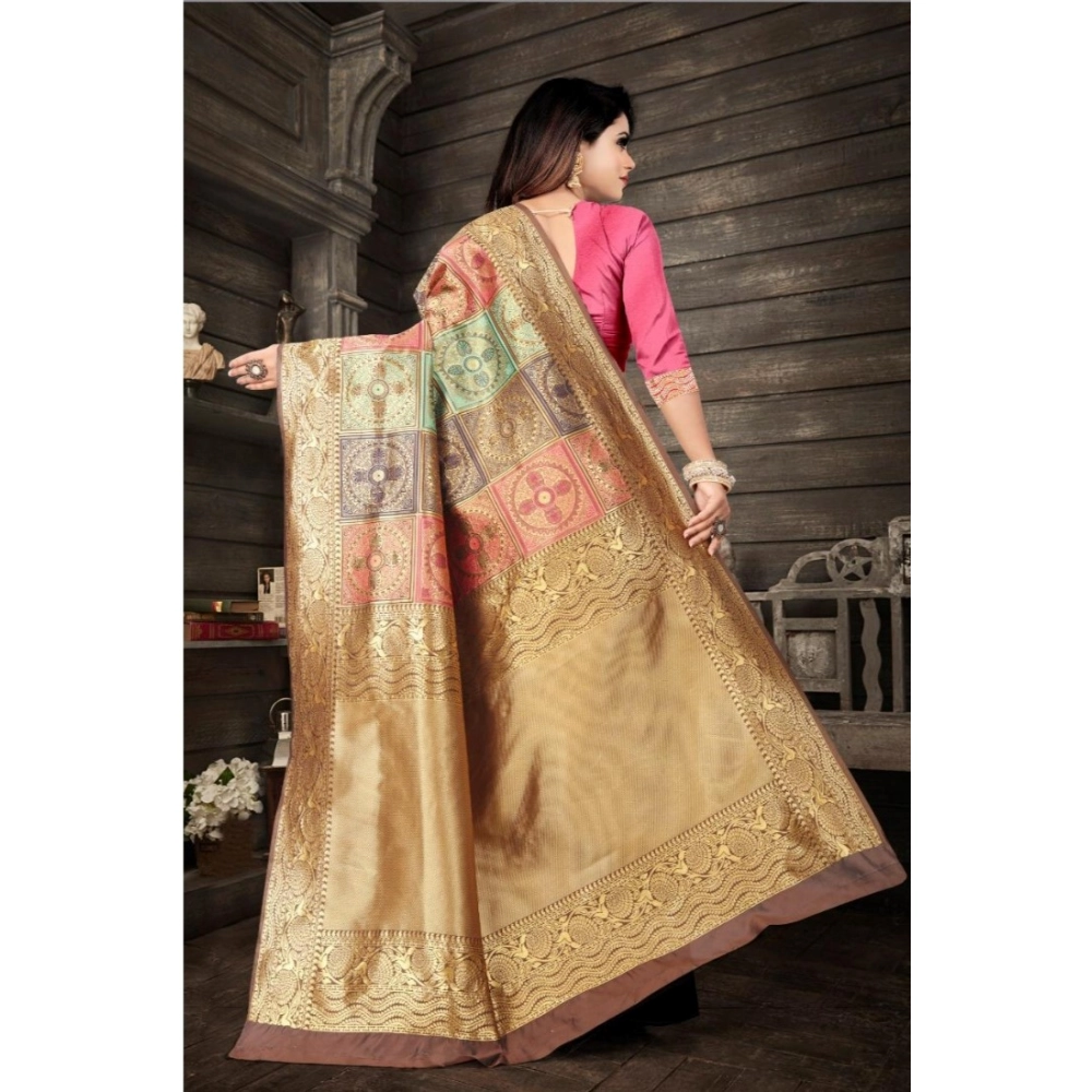 Women's Soft Lichi Silk Printed Saree With Unstitched Blouse 5.5Mtr (Gold)