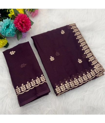 Women's Georgette Embroidered Saree With Unstitched Blouse 5.5Mtr (Wine)