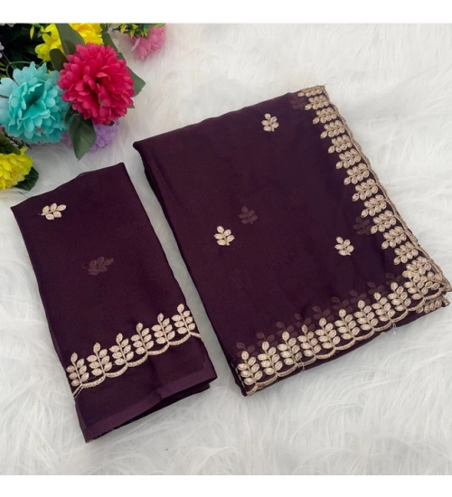 Women's Georgette Embroidered Saree With Unstitched Blouse 5.5Mtr (Wine)