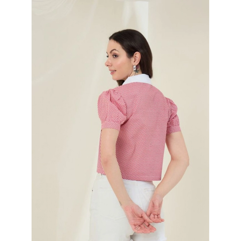 Women's Cotton Checkered Half Sleeve Shirt (Red - White)
