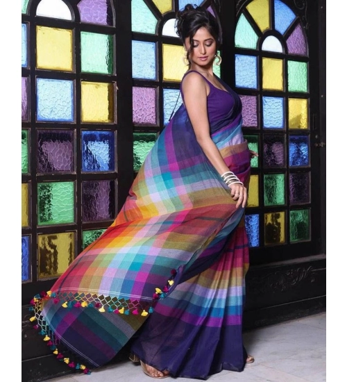 Women's Linen Printed Saree With Unstitched Blouse 5.5Mtr (Navy)