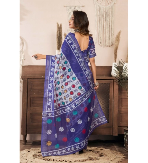 Women's Linen Cotton Printed Ready To Wear Saree With Unstitched Blouse 5.5 Mtr (Blue)