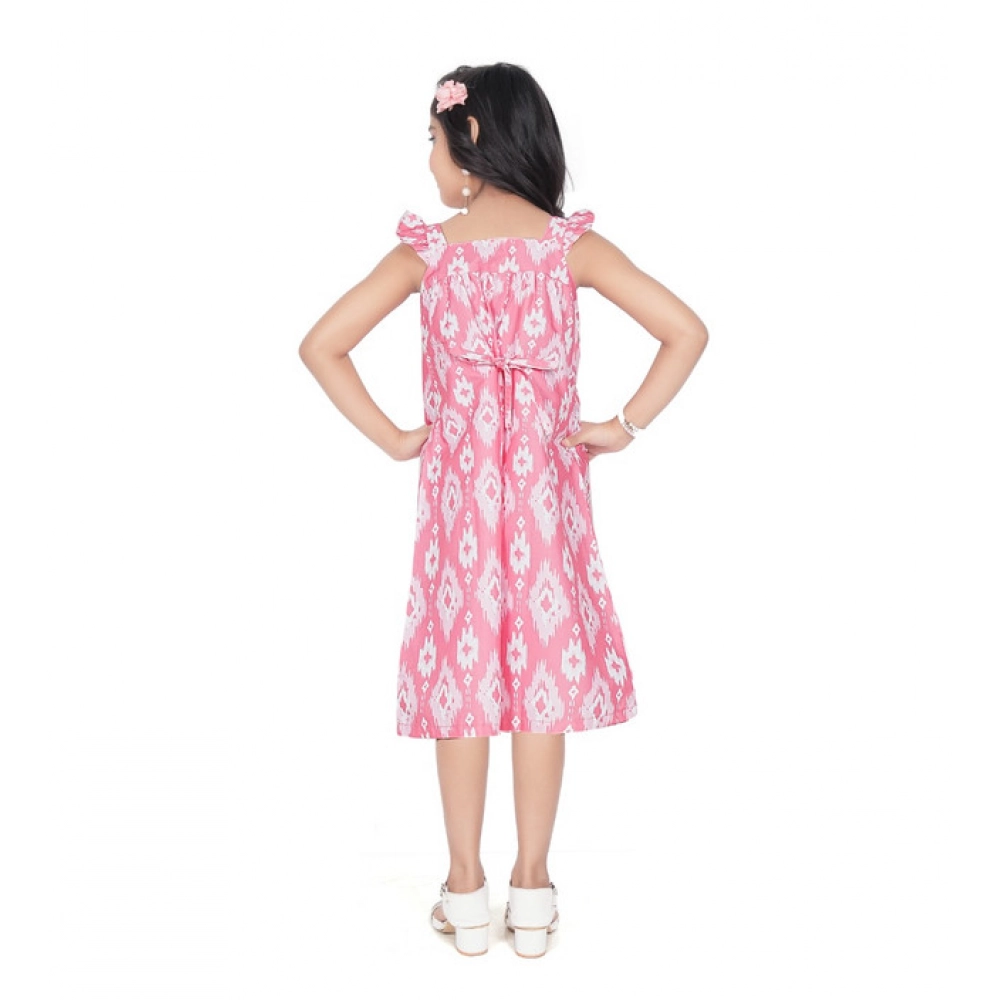 Girl's Cotton Printed Sleeve Less Squre Neck Dress (Pink)