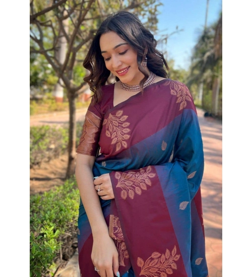 Women's Soft Lichi Silk Printed Saree With Unstitched Blouse 5.5Mtr (Blue)