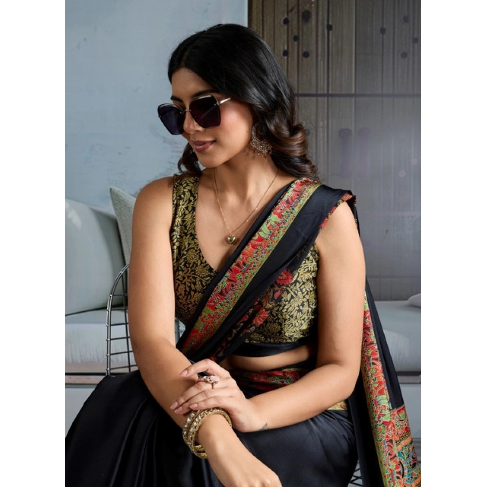 Women's Satin Crepe Printed Saree With Unstitched Blouse 5.5Mtr (Blue)