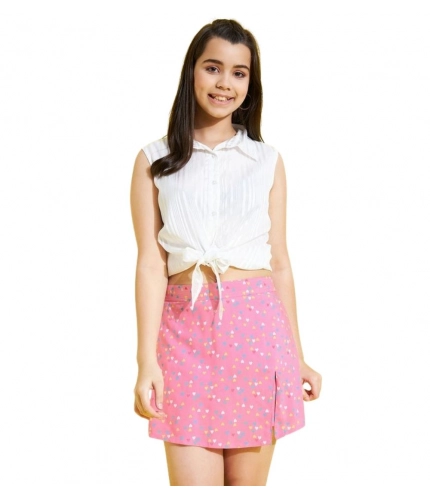 Girl's Polyester Lurex Printed Sleeveless Skorts Set (White-Pink)