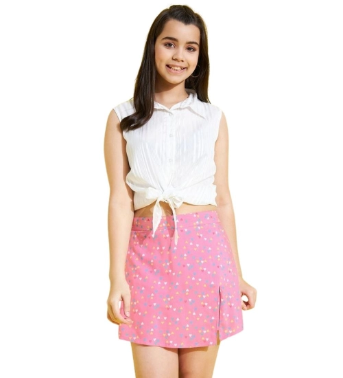 Girl's Polyester Lurex Printed Sleeveless Skorts Set (White-Pink)