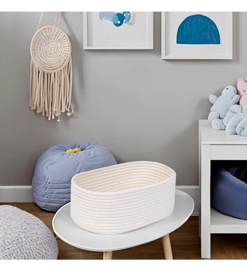 Cotton Oval 10x7x5 Inch Bedside Organizer (White)