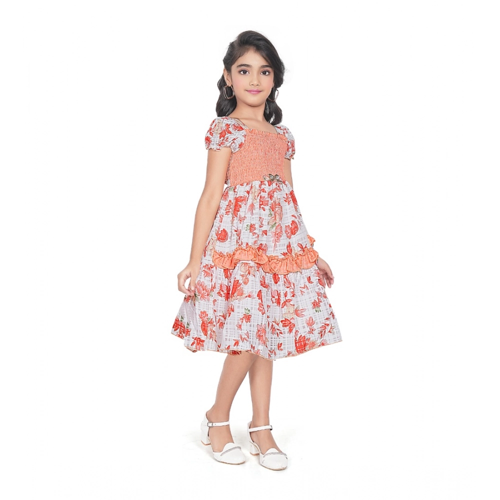 Girl's Twill Printed Short Sleeve Squre Neck Dress (Red) Girl's Twill Printed Short Sleeve Squre Neck Dress (Red)