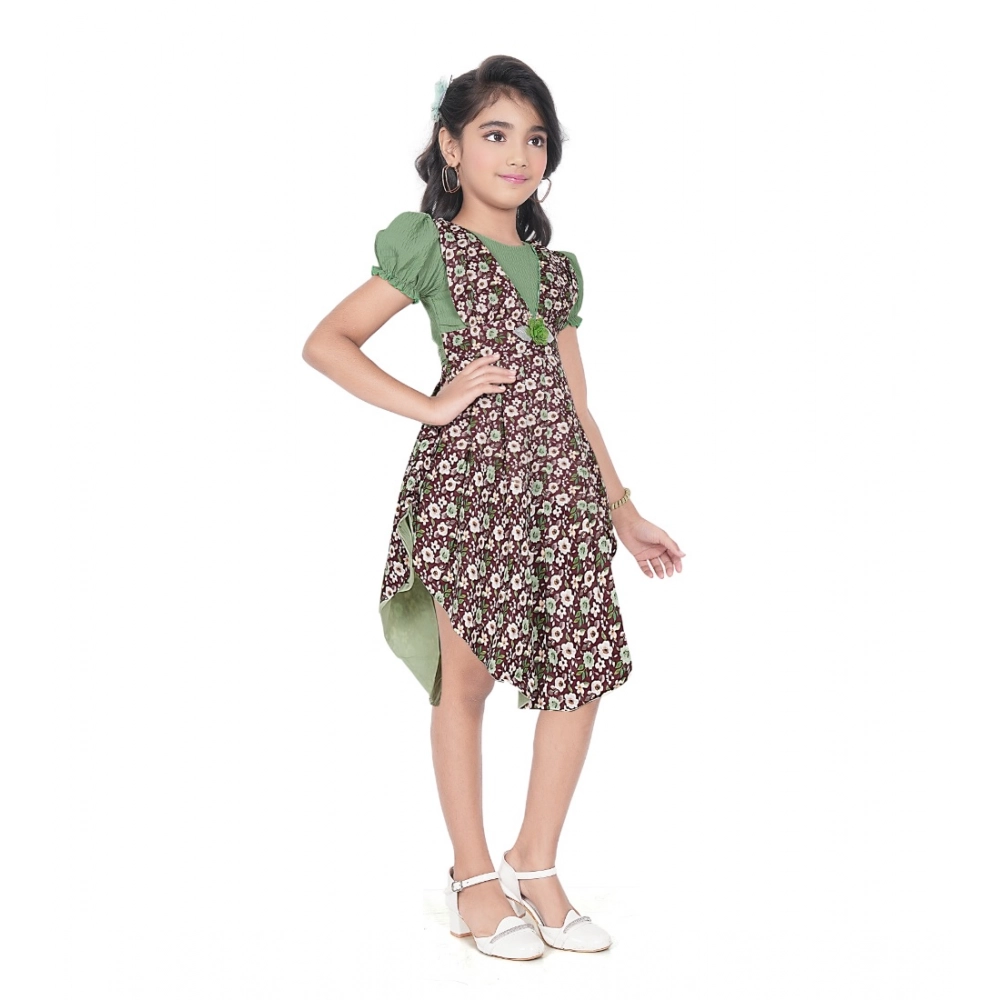 Girl's Twill Printed Short Sleeve Round Neck Dress (Green) Girl's Twill Printed Short Sleeve Round Neck Dress (Green)