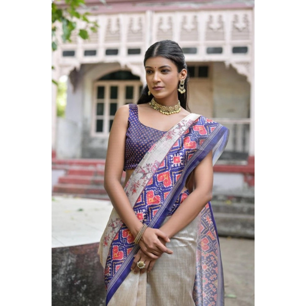 Women's Faux_Tussar Floral Jal With Patola Print Saree With Unstitched Blouse 5.5Mtr (Blue) Women's Faux_Tussar Floral Jal With Patola Print Saree With Unstitched Blouse 5.5Mtr (Blue)