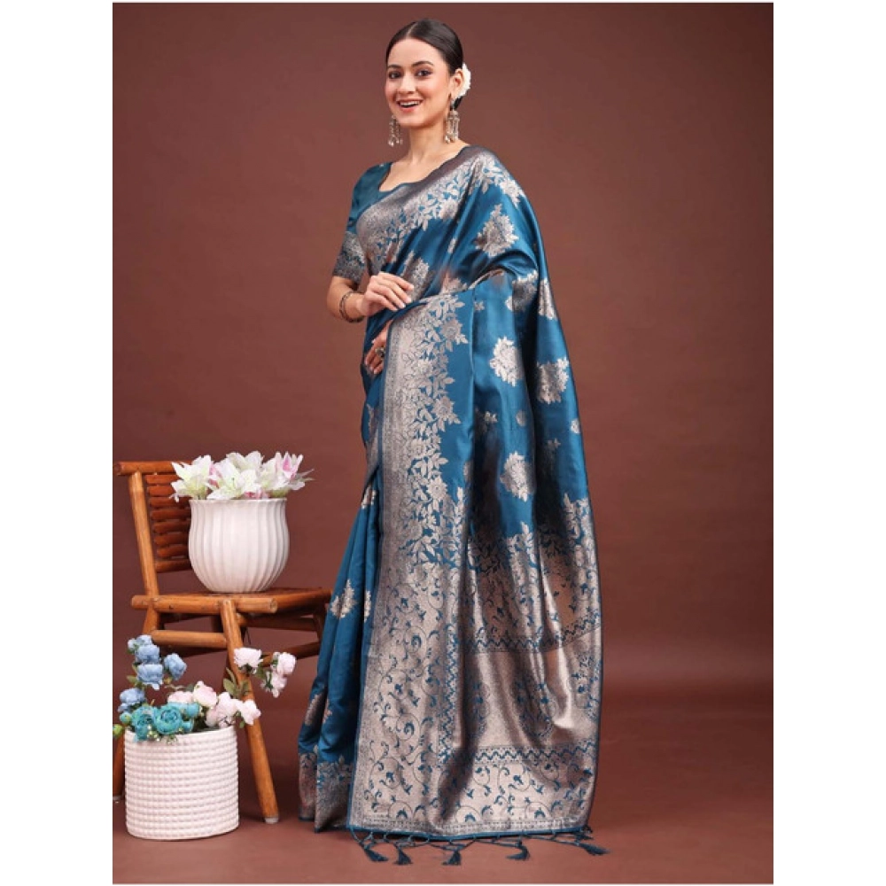 Women's Banarasi Silk Printed Saree With Unstitched Blouse 5.5Mtr (Teal Blue) Women's Banarasi Silk Printed Saree With Unstitched Blouse 5.5Mtr (Teal Blue)