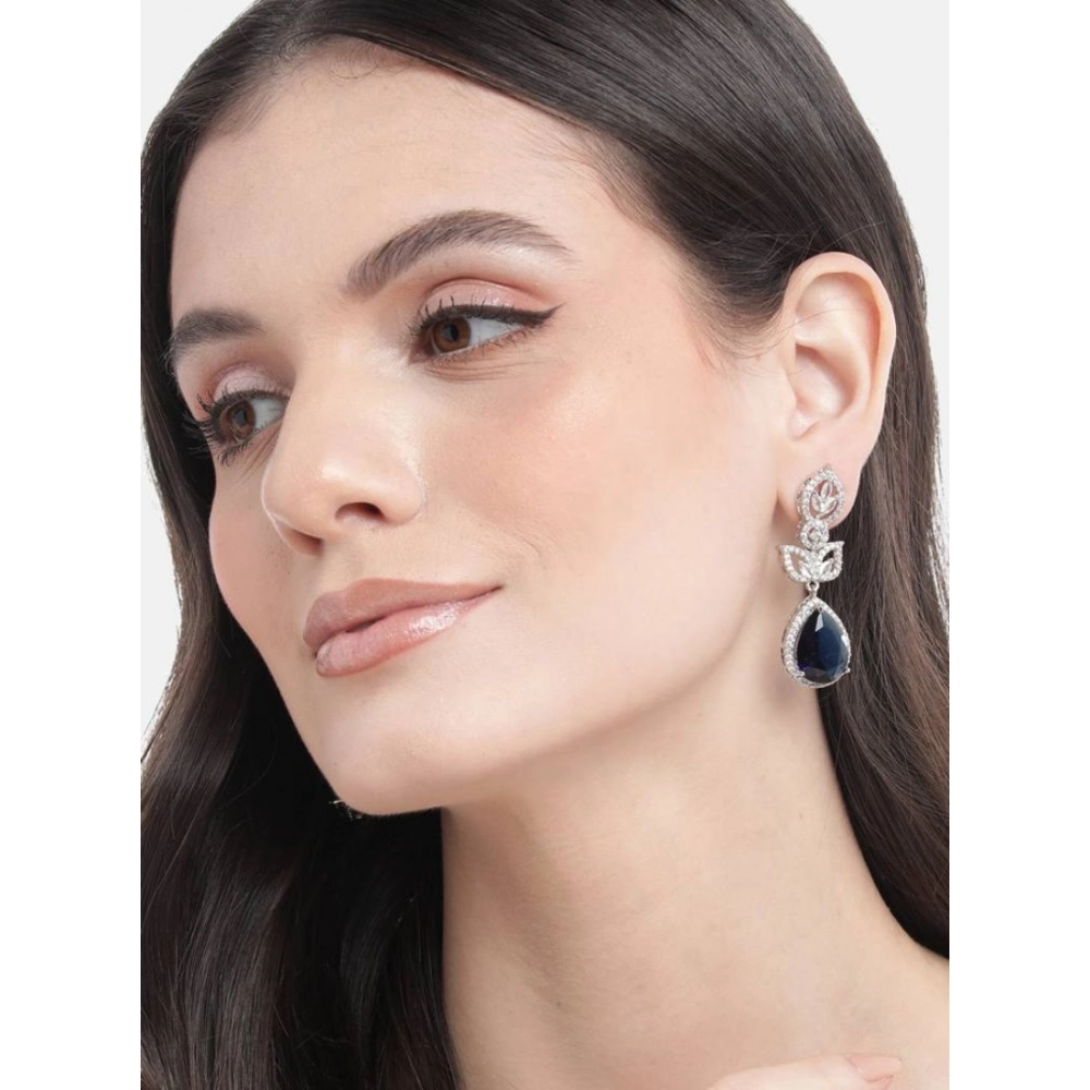 Women's Brass Silver Plated Drop Earrings (Blue)