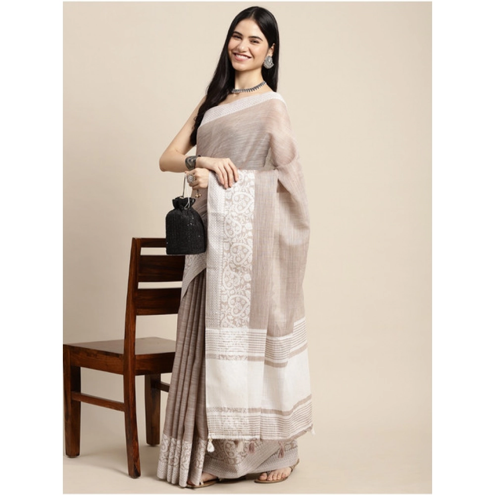 Women's Linen Printed Saree With Unstitched Blouse 5.5Mtr (Beige)