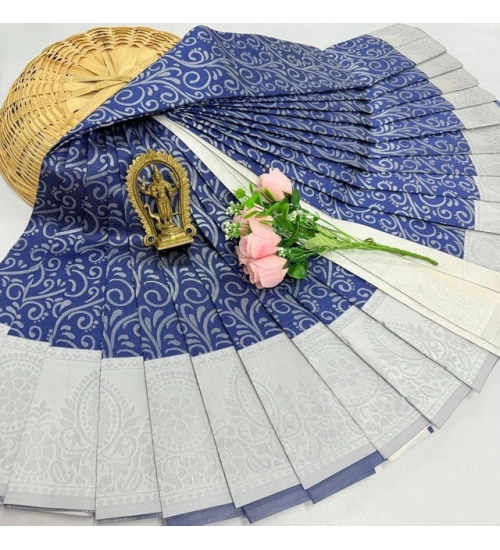 Women's Soft Silk Printed Saree With Unstitched Blouse 5.5Mtr (Blue)