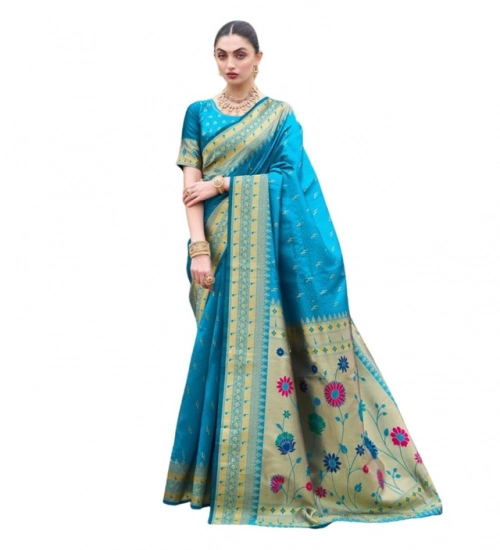 Women's Silk Blend Paithani Weaving Saree With Unstitched Blouse 5.5Mtr (Aqua)
