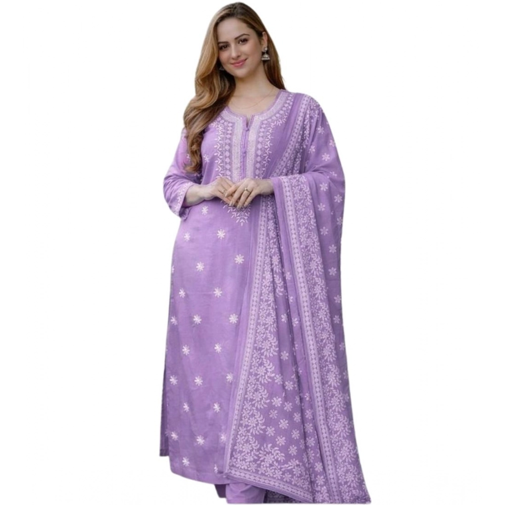 Women's Chanderi Silk Ethnic Motif Round 3/4th Sleeve Kurti With Pant Dupatta Set (Lavender) Women's Chanderi Silk Ethnic Motif Round 3/4th Sleeve Kurti With Pant Dupatta Set (Lavender)