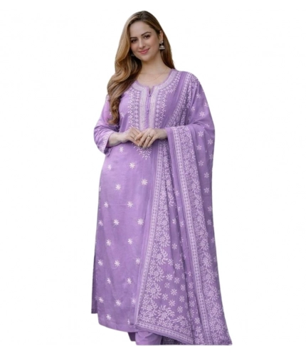 Women's Chanderi Silk Ethnic Motif Round 3/4th Sleeve Kurti With Pant Dupatta Set (Lavender)