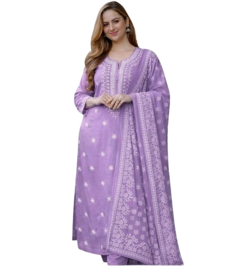Women's Chanderi Silk Ethnic Motif Round 3/4th Sleeve Kurti With Pant Dupatta Set (Lavender)