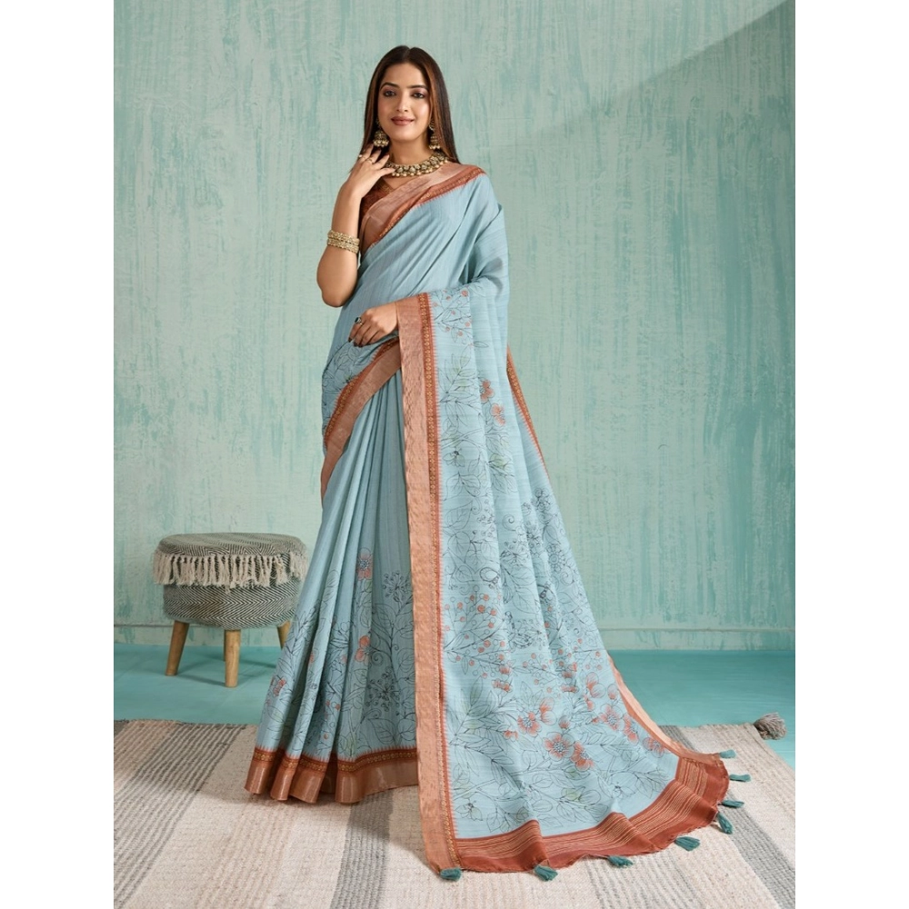 Women's Silk Blend Printed Saree With Unstitched Blouse 5.5Mtr (Blue) Women's Silk Blend Printed Saree With Unstitched Blouse 5.5Mtr (Blue)