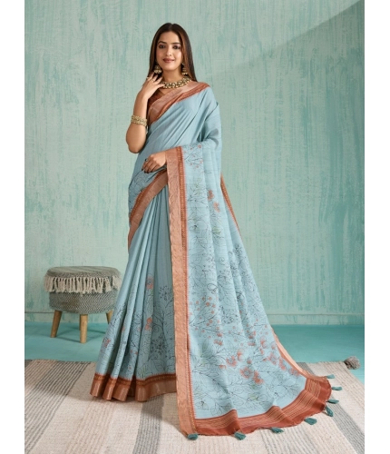 Women's Silk Blend Printed Saree With Unstitched Blouse 5.5Mtr (Blue)