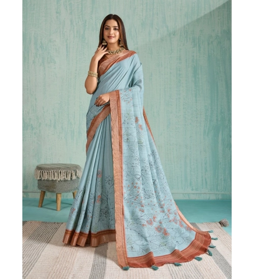Women's Silk Blend Printed Saree With Unstitched Blouse 5.5Mtr (Blue)