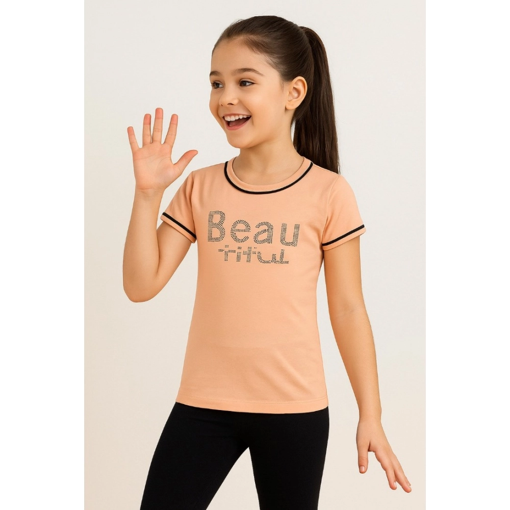 Girl's Cotton Printeded Round Neck T-Shirt (Sandal Beach)