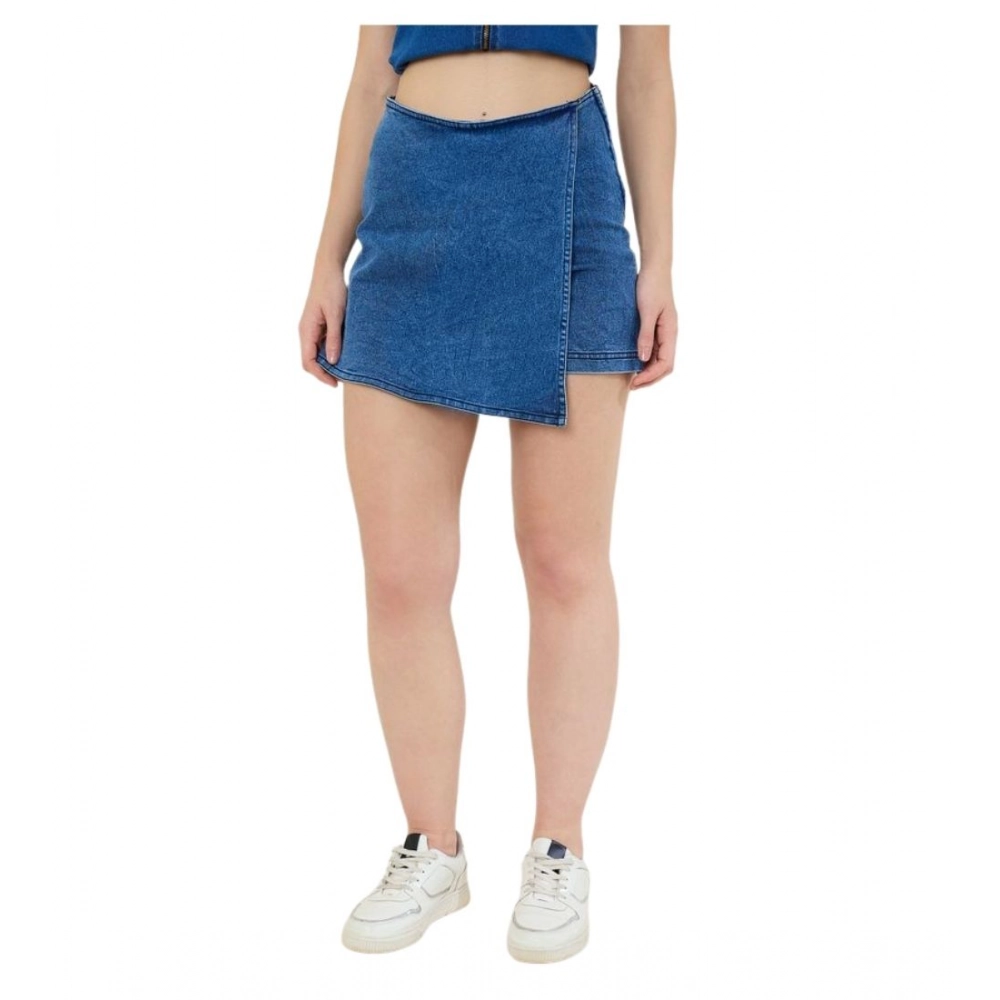 Women's Denim Lycra Solid Zip Closure Skorts (Blue) Women's Denim Lycra Solid Zip Closure Skorts (Blue)