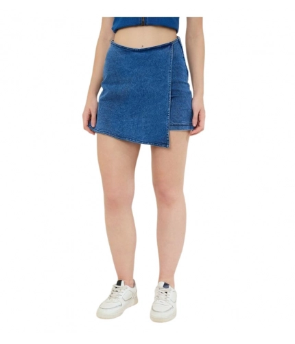 Women's Denim Lycra Solid Zip Closure Skorts (Blue)