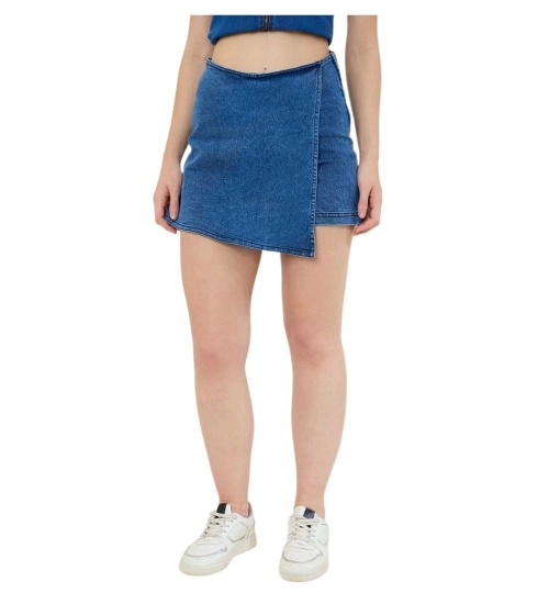 Women's Denim Lycra Solid Zip Closure Skorts (Blue)