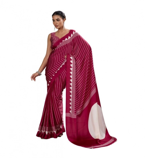 Women's Satin Crepe Printed Saree With Unstitched Blouse 5.5Mtr (Maroon)