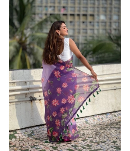 Women's Linen Printed Saree With Unstitched Blouse 5.5Mtr (Purple)