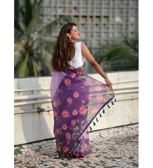 Women's Linen Printed Saree With Unstitched Blouse 5.5Mtr (Purple)