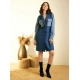 Women's Denim Color Blocking Roll Up Dress (Blue)