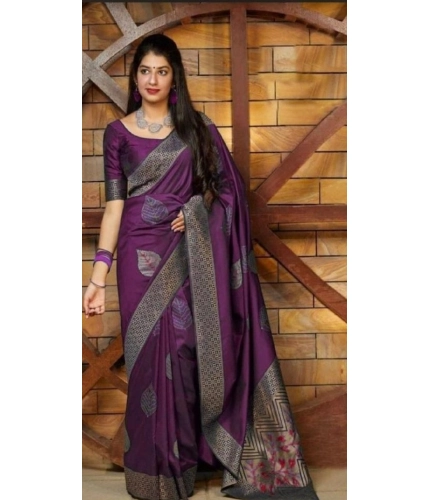 Women's Litchi silk Printed Saree With Unstitched Blouse (Purple)