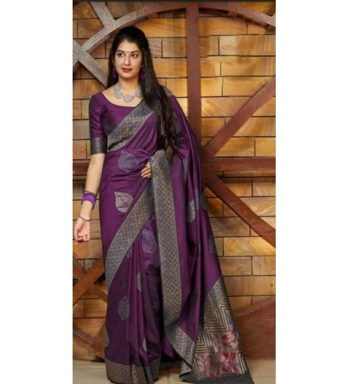 Women's Litchi silk Printed Saree With Unstitched Blouse (Purple)