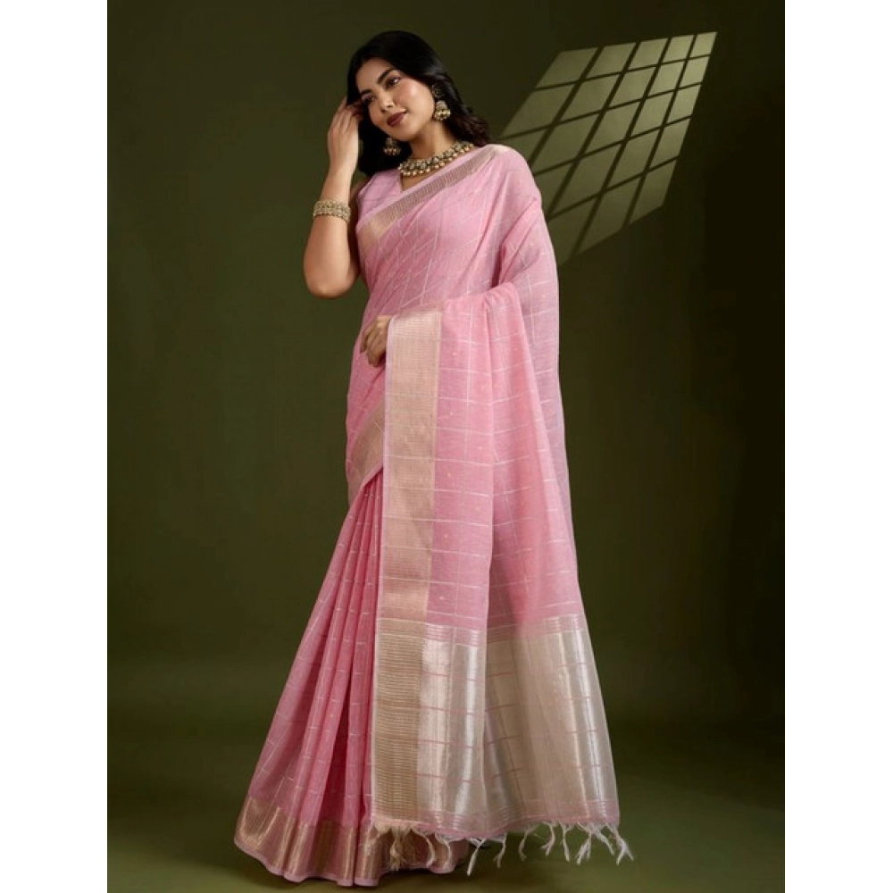 Women's Tissue Checks_With_Buttis Saree With Unstitched Blouse 5.5Mtr (Light_Pink) Women's Tissue Checks_With_Buttis Saree With Unstitched Blouse 5.5Mtr (Light_Pink)