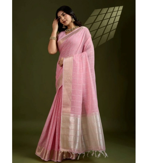 Women's Tissue Checks_With_Buttis Saree With Unstitched Blouse 5.5Mtr (Light_Pink)
