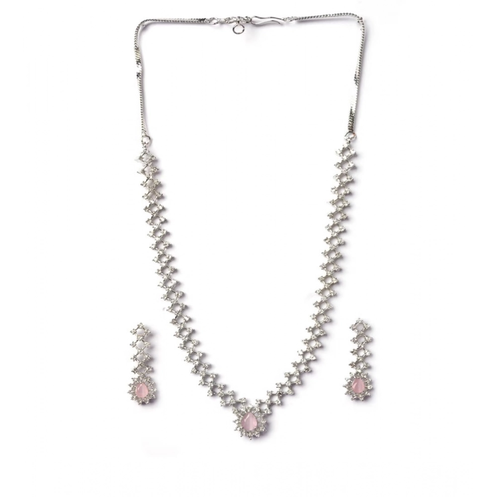 Women's Brass Silver Plated Necklace set (Pink)