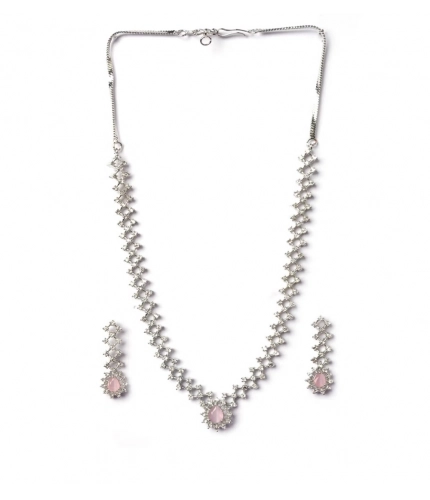 Women's Brass Silver Plated Necklace set (Pink)