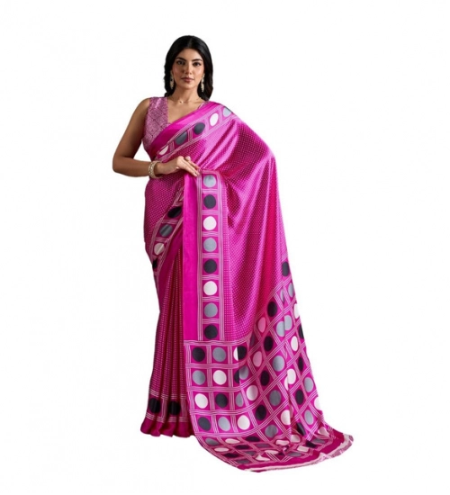 Women's Satin Crepe Printed Saree With Unstitched Blouse 5.5Mtr (Pink)