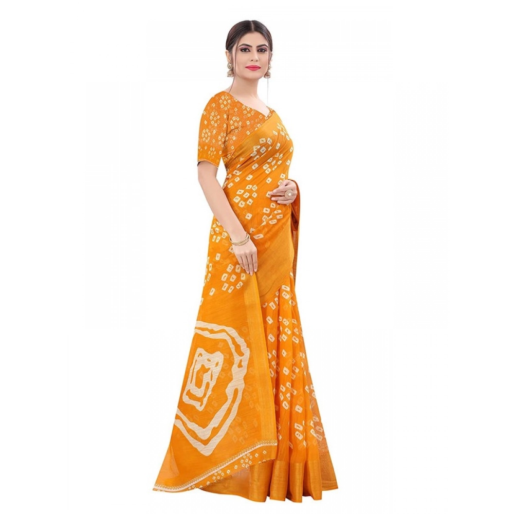 Women's Cotton Silk Bandhni Saree With Unstitched Blouse 5.5Mtr (Yellow)
