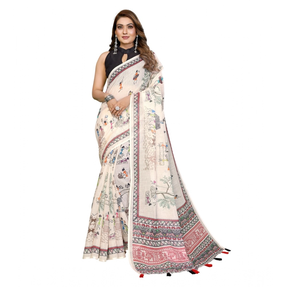 Women's Linen Cotton Printed Saree With Unstitched Blouse 5.5Mtr (Off White)