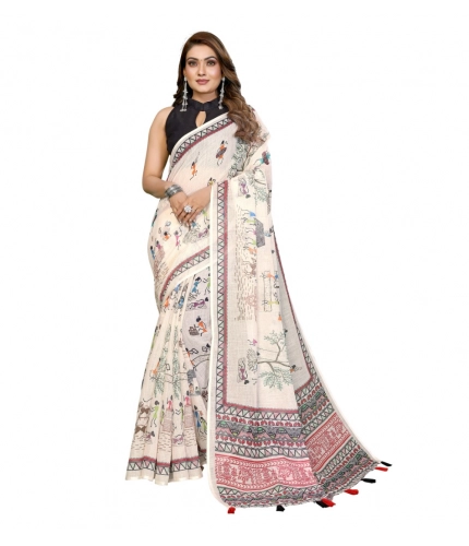 Women's Linen Cotton Printed Saree With Unstitched Blouse 5.5Mtr (Off White)