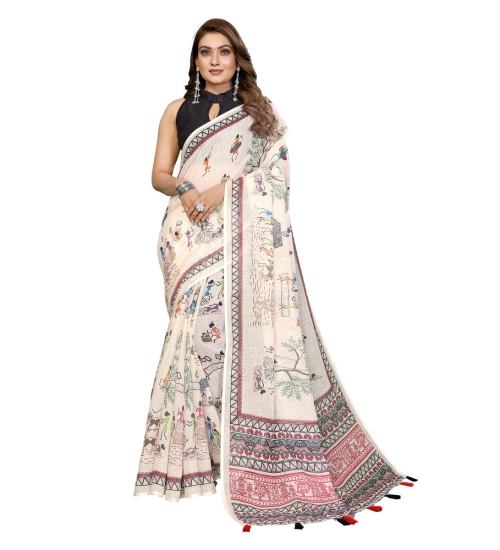 Women's Linen Cotton Printed Saree With Unstitched Blouse 5.5Mtr (Off White)