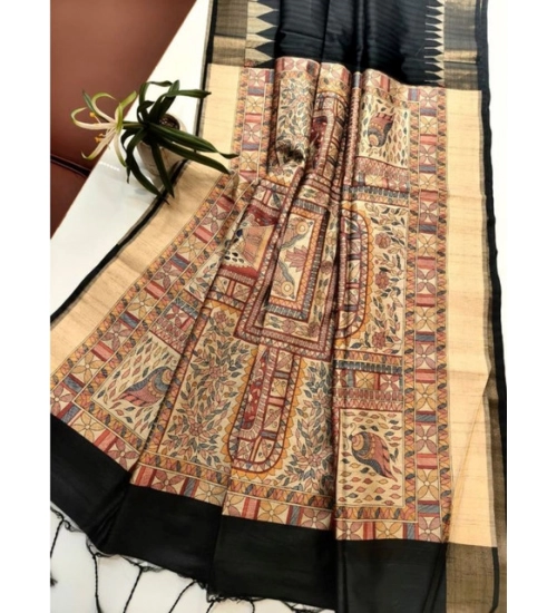 Women's Tussar Silk Madhubani Saree With Unstitched Blouse 5.5Mtr (Black)