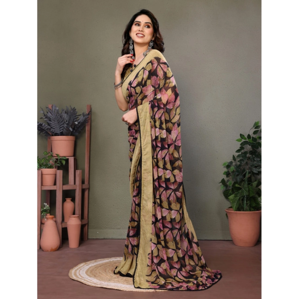 Women's Chiffon Printed Saree With Unstitched Blouse 5.5Mtr (Beige)