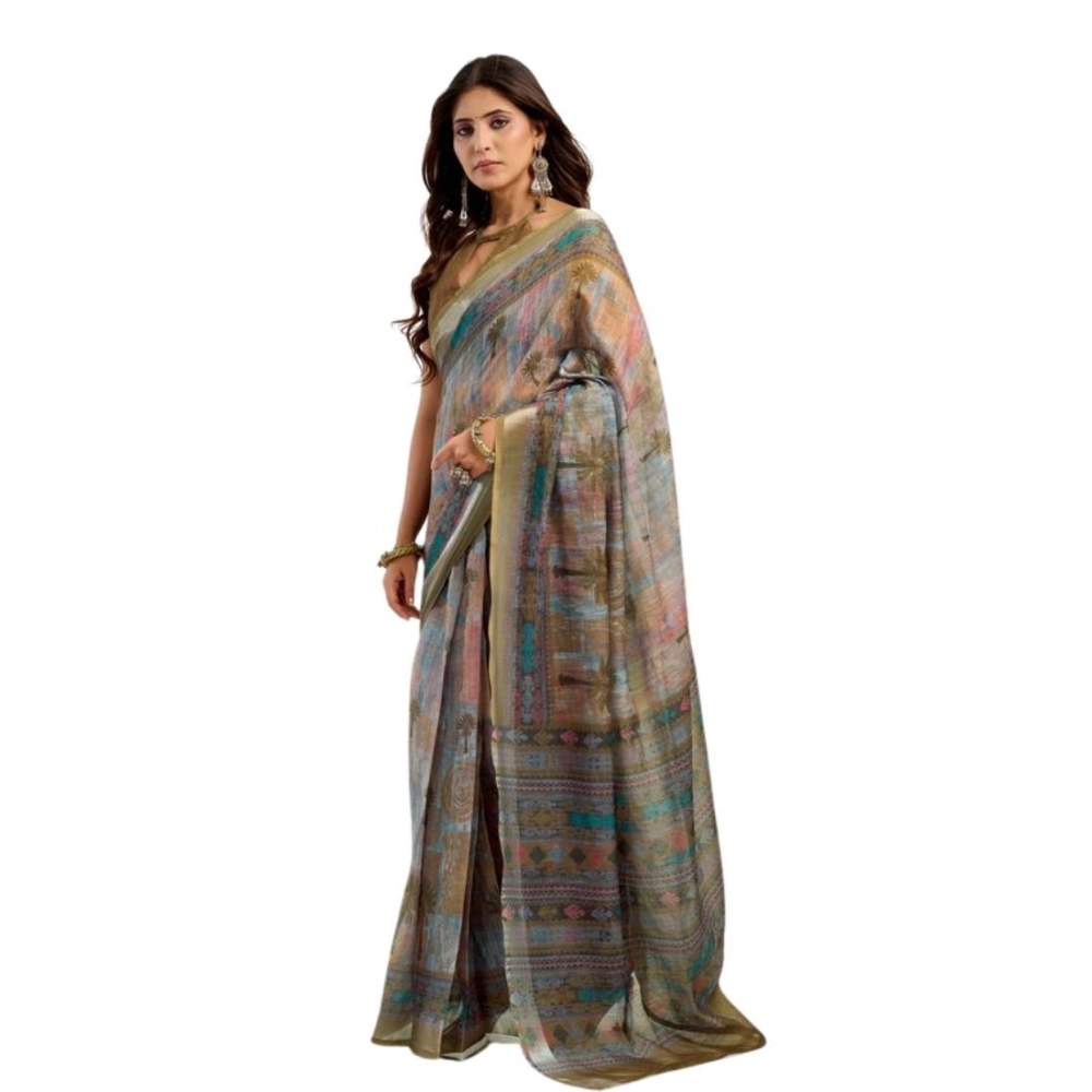 Women's Faux Linen Printed Ready to wear Saree With Unstitched Blouse 5.5Mtr (Multicolor) Women's Faux Linen Printed Ready to wear Saree With Unstitched Blouse 5.5Mtr (Multicolor)